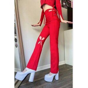 Zemeta ✦ Holey Pray Cut‑Out Pants ✦ Cherry Red Semi‑Flare High Waist NWT M